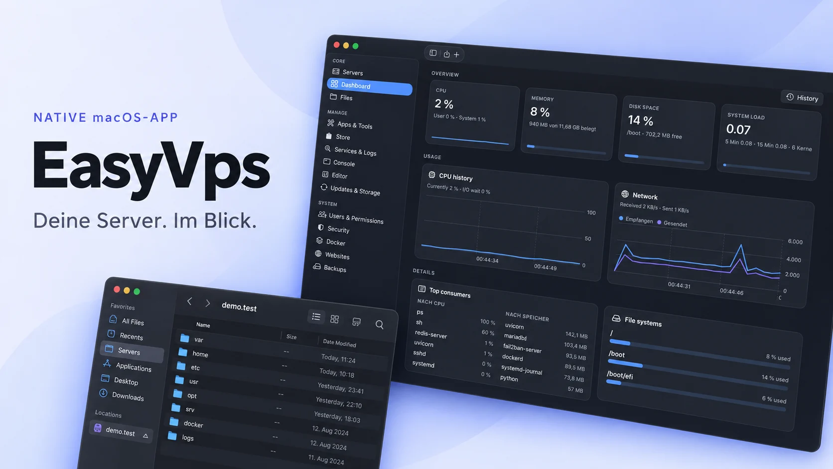 Portfolio-Mockup der nativen EasyVps-App mit dunklem Server-Dashboard und Dateibrowser.