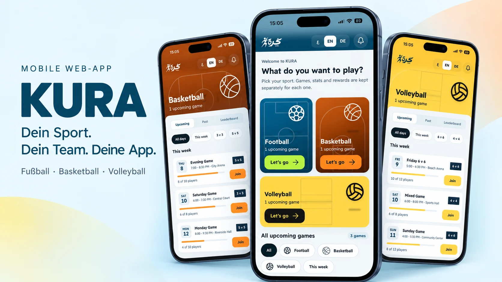 KURA als Smartphone-Mockup mit Sportauswahl für Fußball, Basketball und Volleyball sowie mobilen Spielübersichten.