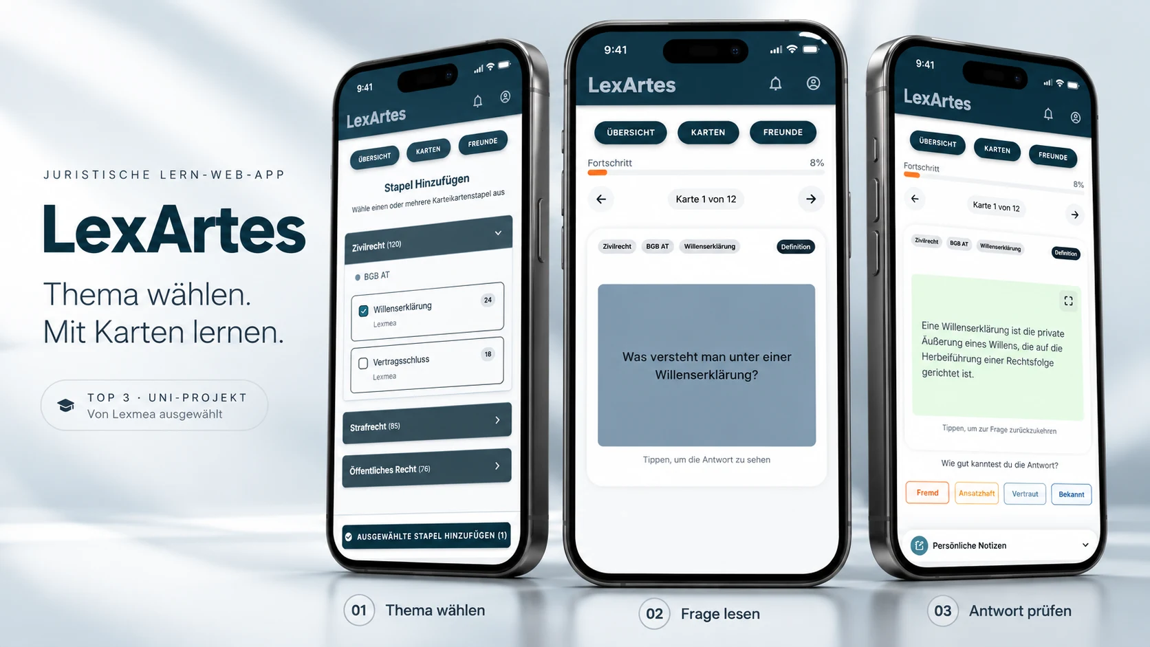 LexArtes in drei iPhone-Mockups: Rechtsgebiet auswählen, Lernfrage lesen und Antwort mit Selbsteinschätzung aufdecken.