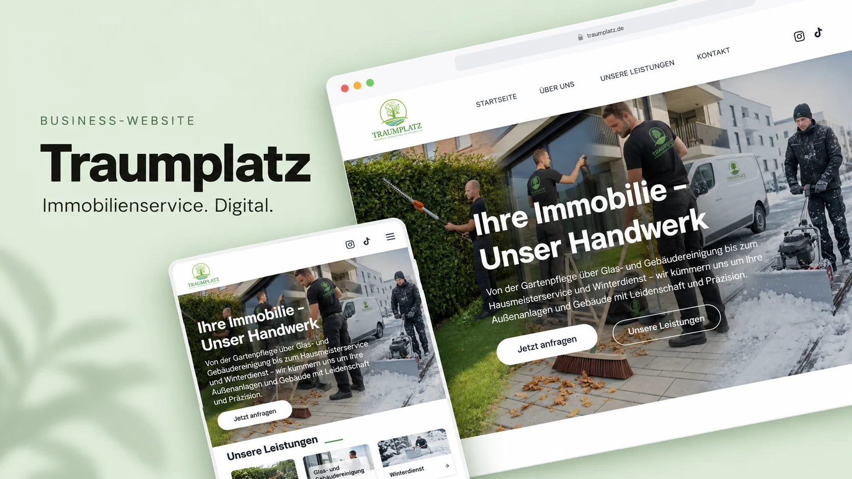 Portfolio-Mockup der Traumplatz-Website mit Gartenpflege, Hausmeisterservice und Winterdienst.